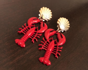 Crawfish Seashell Earrings | Red Lobster | Gold Seashell | Dangle
