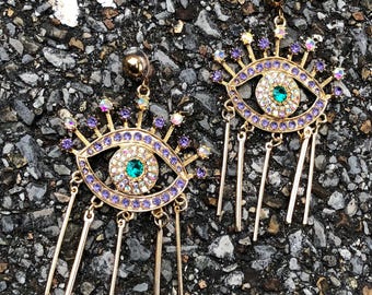 Beautiful Glare Earrings | Evil Eye Jewelry | Nazar Amulet | Beautiful Gem | Dangle Earrings | Gold | Multi Colored | Hippie Accessories