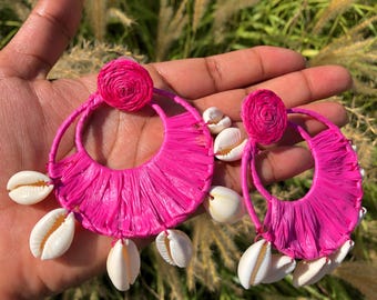 Bright Bohemian Vacation Earrings | Seashells | Bright Colors | Boho shell decor | Chic | Ocean | Straw Hoops | Raffia Circle Statement