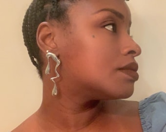 Silver Waterdrop Earrings | Asymmetrical Drop Earrings | Exaggerated Melting Silver Statement | Fashionable | Chic | Trendy | Stylish