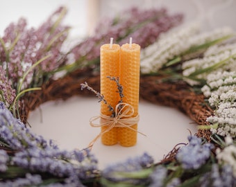 Set of 2 Beeswax Rolled candles, dining table candles, 100% Beeswax Natural, Pillar Candles, Taper Rolled Candle with Dried Lavender