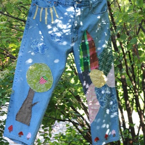 Hippie Boho Jeans, Summer Pants, Cottage Core Style Jeans, Handmade and Upcycled, Vintage Levi Jeans, High Waisted, Funky and Unique Jeans