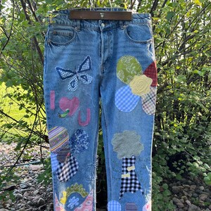 Custom Patchwork Jeans, Made to Order Boho Hippie Jeans, Personalized, Embroidered, Embellished Clothing, Sustainable Clothing, Slow Fashion