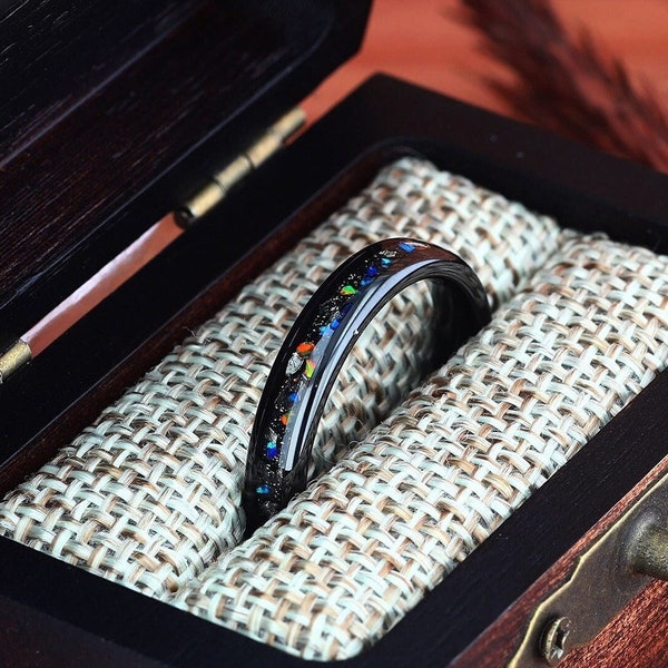 Womens Wedding Ring , Black Tungsten Meteorite & Galaxy Opal, Womens Opal Ring, Wedding Band, Gift For Her, Black Ring, 4mm Comfort Fit