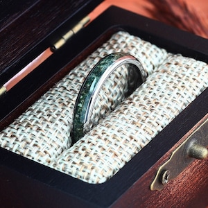 Moss Agate Ring Silver 4mm Polish Tungsten Wedding Ring Eco-Friendly Moss Agate Women Wedding Band, Gift For Her Women Wedding Ring