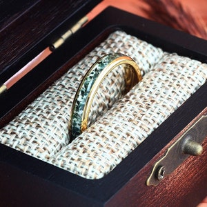 Womens Wedding Band, Moss Agate Yellow Gold 4mm Polish Tungsten Wedding Ring, Eco-Friendly Moss Agate Gift For Her Womens Wedding Ring
