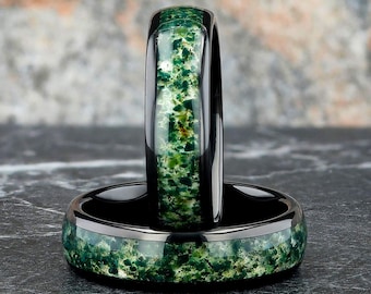 Moss Agate Men's Wedding Ring 6mm Black Tungsten Ring - Men's Wedding Band Natural Eco-Friendly Moss Agate, Black Ring Gift for Him