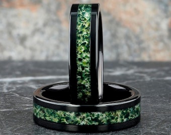Moss Agate Men's Wedding Ring 6mm Black Tungsten Ring - Men's Wedding Band Natural Eco-Friendly Moss Agate, Black Ring Gift for Him