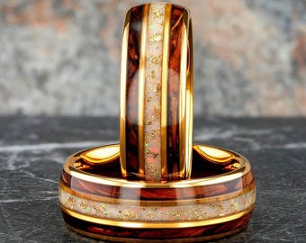 Yellow Gold Tungsten Men's Wedding Band – 8mm Comfort Fit Ring with White Fire Opal & Charred Whiskey Barrel Wood Inlay
