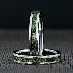 Moss Agate Ring Silver Hammered Tungsten Womens Wedding Ring Eco-Friendly Moss Agate Silver Ring, Wedding Band, Anniversary Gift for Her 4mm