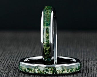 Moss Agate Womens Ring, Silver Polish Tungsten Wedding Ring Eco-Friendly Moss Agate Women Wedding Band, Gift For Her, Promise Ring 4mm