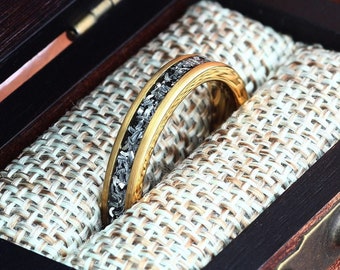 Yellow Gold Meteorite Ring, Meteorite Wedding Ring, Crushed Meteorite Ring, Women's Wedding Band Gold, Gold Engagement Ring, Womens 4mm Band