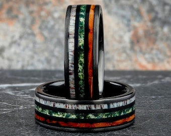 Men’s Black Tungsten Wedding Ring – 8mm Moss Agate, Deer Antler & Charred Whiskey Barrel Wood Inlay, Unique Men's Wedding Band, Ring for Him