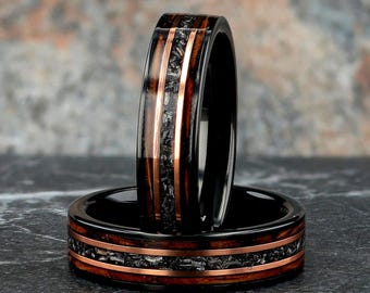 6mm Charred Whiskey Barrel Mens Wedding, Black Tungsten Crushed Meteorite Mens Wedding band, Whiskey Barrel Band, Black Meteor Ring for Him