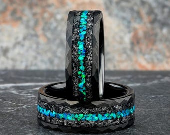 Crushed Meteorite & Opal Black Tungsten Ring, Meteorite Mens Wedding Ring with Opal, 8mm Mens Wedding Band, Opal Mens Ring, Gift for Him