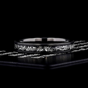 Womens Wedding Band Meteorite Black Tungsten, Brushed Meteor Womens Wedding Ring Comfort Fit, Gift for her Black Tungsten Ring Anniversary