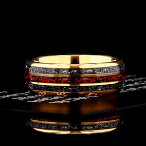 Mens Wedding Band Crushed Meteorite & Dinosaur Bone, Yellow Gold Tungsten 8mm Comfort Fit, Mens Wedding Ring Meteor, Gift For Him Mens Ring