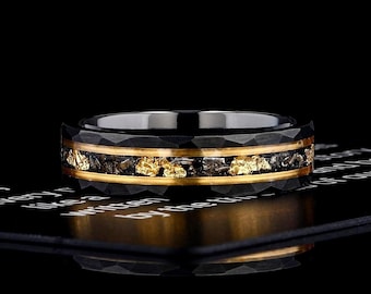 Mens Wedding Band Meteorite & Gold Leaf Flakes Hammered Black Tungsten, Mens Wedding Ring Gift For Him, Meteor Womens Wedding Band 6mm
