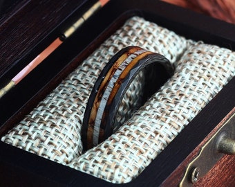 Unique Antler & Charred Whiskey Barrel Wood Ring with Hammered Black Tungsten for Weddings, Mens Ring, Womens Band, 6mm ring Comfort Fit