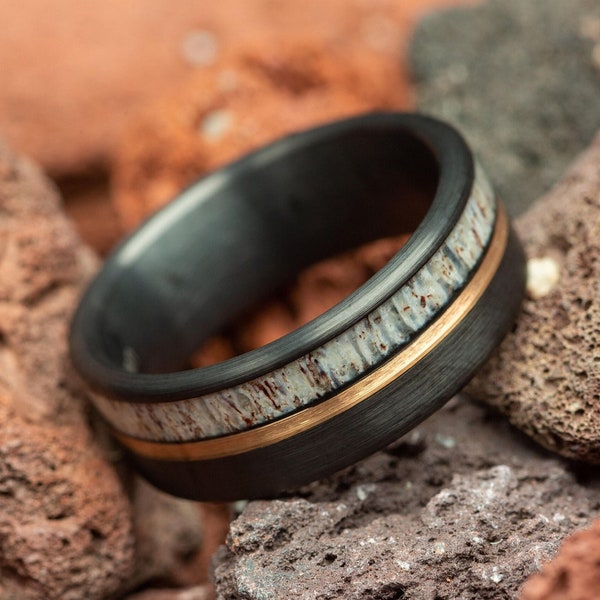 Deer Antler Black Brushed & Rose Gold Stripe Ring, Mens Wedding Ring, Black Tungsten Ring, Mens Wedding Band, Comfort Fit 8mm
