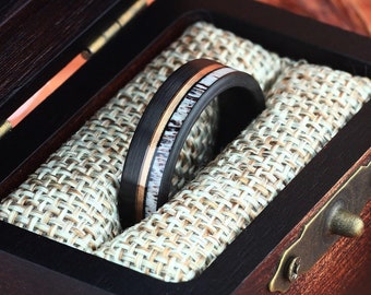Deer Antler Black Brushed & Rose Gold Strip Tungsten Wedding Ring, Mens Wedding Ring, Womens Wedding Band, Antler Ring 6mm Comfort Fit