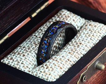 Meteorite & Galaxy Opal Hammered Black Tungsten Wedding Ring, Mens Wedding Ring, Womens Wedding Band, Opal Ring 6mm Comfort Fit