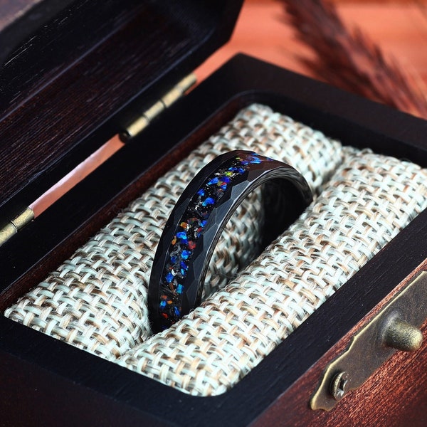 Meteorite & Galaxy Opal Hammered Black Tungsten Wedding Ring, Mens Wedding Ring, Womens Wedding Band, Opal Ring 6mm Comfort Fit