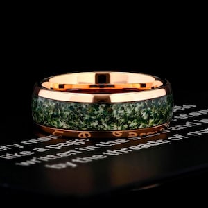 Moss Agate Black Tungsten Mens Wedding Ring, Green Moss Agate Unique Mens Wedding Band, Gift for Him, Anniversary Ring,  8mm Rose Gold Ring