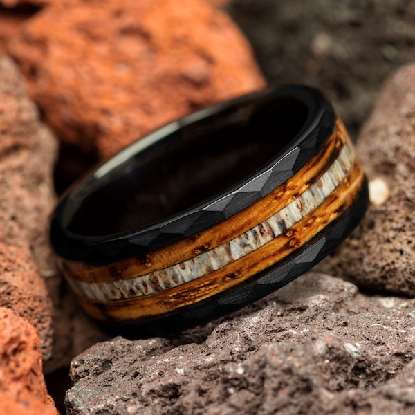 Deer Antler & Charred Whiskey Barrel Wood Mens Wedding Ring Black Hammered Tungsten, Mens Wooden Wedding Band, Antler Ring, Comfort Fit 8mm