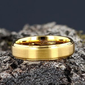 Mens Wedding Ring Brushed Tungsten with step-edge, Yellow Gold Mens Wedding Band 6mm, Gold Mens Ring, Gift for Her Womens Wedding Band