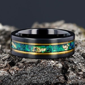 Opal Mens Wedding Ring Black Tungsten Yellow Gold Strips & Leaf, Peacock Opal Black Mens Wedding Band, Anniversary Gift for Him 8mm Man Ring