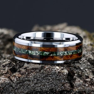 Moss Agate Mens Wedding Ring Silver Tungsten, Charred Whiskey Barrel Mens Wedding Band, Moss Agate Wood Ring 8mm, Silver Ring Gift for Him