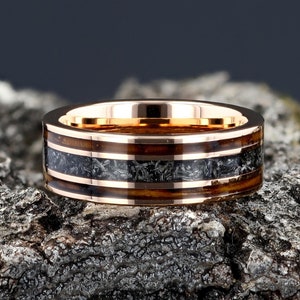 Charred Whiskey Barrel Ring with Meteorite, Meteorite Wood Ring, Whiskey Barrel Band, Meteorite Rose Gold Tungsten Wedding Band, Mens Ring