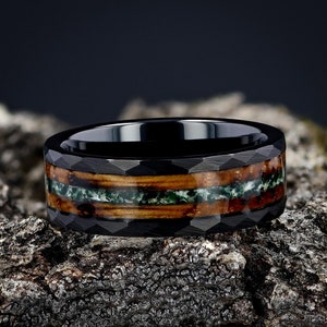 Moss Agate Mens Wedding Ring, Charred Whiskey Barrel Hammered Black Tungsten Mens Wedding Band, 8mm Comfort Fit Gift For Him Anniversary