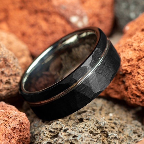 Mens Wedding Ring White Gold Strip, Black Hammered Tungsten Carbide Ring, Mens Wedding Band, Mens Ring, Black Ring Comfort Fit 8mm