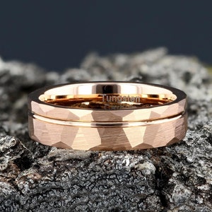 Mens Rose Gold Hammered Tungsten Wedding Ring, 6mm Comfort Fit with Rose Gold Strip Mens Wedding Band, Anniversary Gift Womens Wedding Band