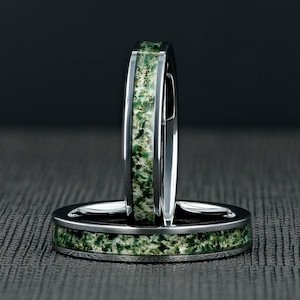 Womens Wedding Ring Moss Agate, Silver Tungsten Wedding Ring, Eco-Friendly Moss Agate Women Wedding Band, Promise Ring Gift For Her 4mm