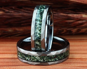 Mens Wedding Ring, Hammered Silver Tungsten Ring Moss Agate, 6mm Mens Wedding Band, Natural Eco-Friendly Moss Agate Silver Mens Ring