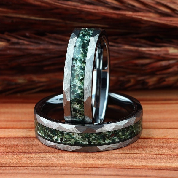 Mens Wedding Ring, Hammered Silver Tungsten Ring Moss Agate, 6mm Mens Wedding Band, Natural Eco-Friendly Moss Agate Silver Mens Ring