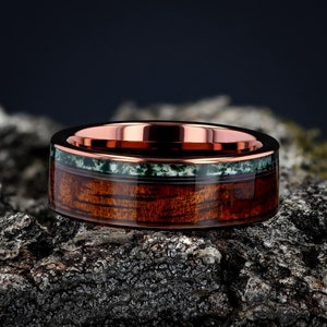 Moss Agate & Koa Wood Coffee Tungsten Ring, Moss Agate Mens Wedding Ring with Koa Wood, Natural Eco-Friendly Moss Agate, Wooden Wedding Band