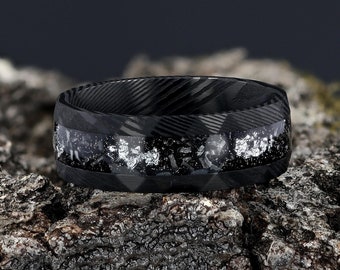 Black Damascus Mens Wedding Ring Silver Foil Leaf & Crushed Meteorite, 8mm Comfort Fit Wedding Band, Black Ring, Anniversary Gift for Him
