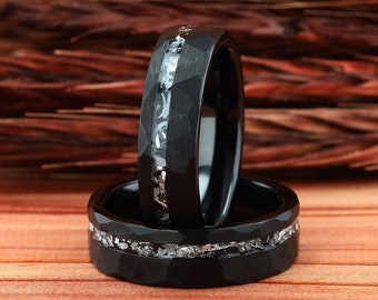 Meteorite Mens Wedding Ring Black Hammered Tungsten Wedding Ring, Mens Wedding Ring, Womens Wedding Band, Opal Ring 6mm Comfort Fit