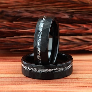 Meteorite Mens Wedding Ring Black Hammered Tungsten Wedding Ring, Mens Wedding Ring, Womens Wedding Band, Womens Ring 6mm Comfort Fit