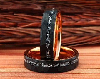 Womens Meteorite Wedding Ring, Black / Rose Gold Hammered Wedding Band, Meteor Black Faceted Ring, Womens Tungsten Ring Comfort Fit 5mm