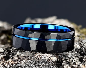 Black Hammered Mens Wedding Ring, Blue Strip Hammered Brushed Tungsten Carbide Mens Wedding Band, Comfort Fit 8mm Mens Ring Thin Blue Line