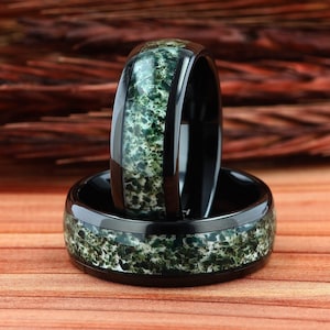 Mens Wedding Ring, Black Tungsten Ring Moss Agate, 8mm Mens Wedding Band, Natural Eco-Friendly Moss Agate Black Mens Ring, Comfort Fit