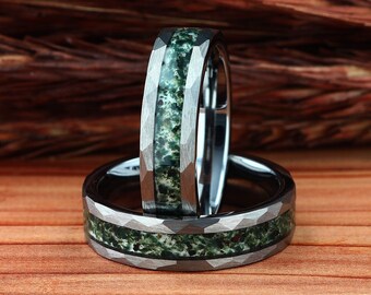 Mens Wedding Ring, Hammered Silver Tungsten Ring Moss Agate, 6mm Mens Wedding Band, Natural Eco-Friendly Moss Agate Silver Mens Ring