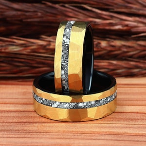 Meteorite Mens Wedding Ring Yellow Gold Hammered Tungsten , Mens Wedding Ring, Black Mens Ring, Mens Wedding Band, Comfort Fit 8mm