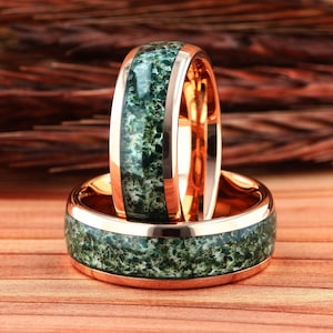 Mens Wedding Ring, Moss Agate Tungsten Ring Rose Gold 8mm, Mens Wedding Band, Natural Eco-Friendly Moss Agate Rose Gold Mens Ring