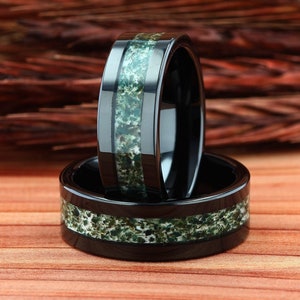 Mens Wedding Ring, Black Tungsten Ring Moss Agate 8mm, Mens Wedding Band, Natural Eco-Friendly Moss Agate Black Mens Ring